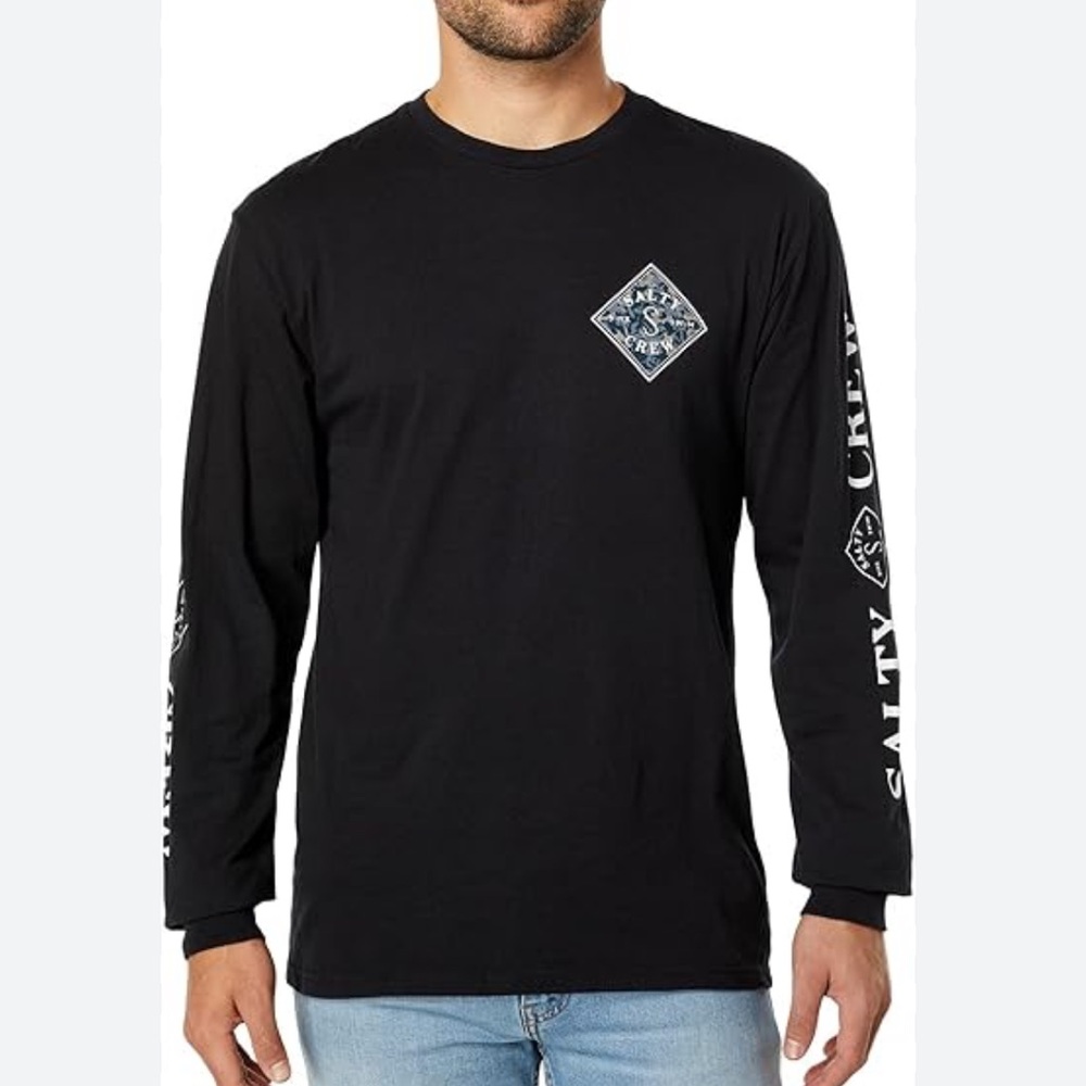 Salty Crew Men’s Black Cotton Long Sleeve Choppy Tippet Fill Premium Tee, Small